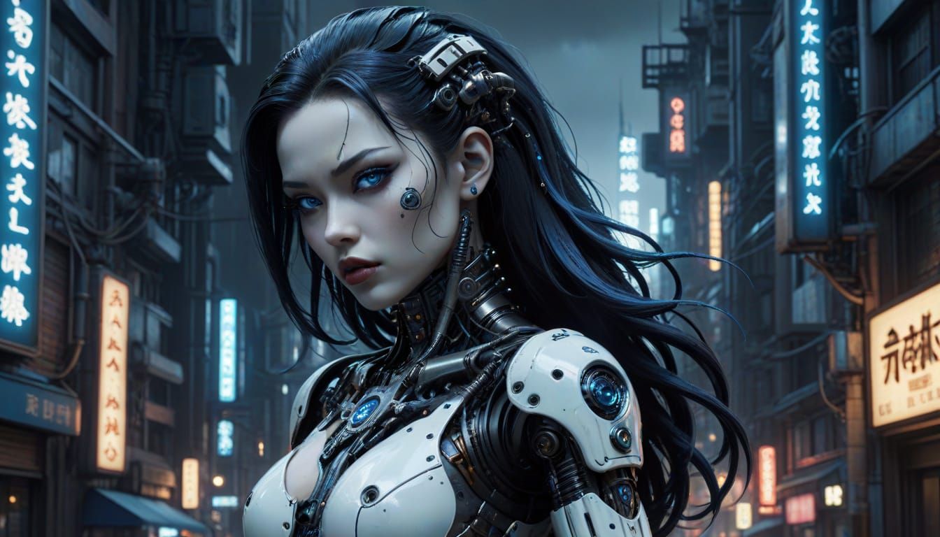 Gothic Pinup Gynoid in Cyberpunk Cityscape