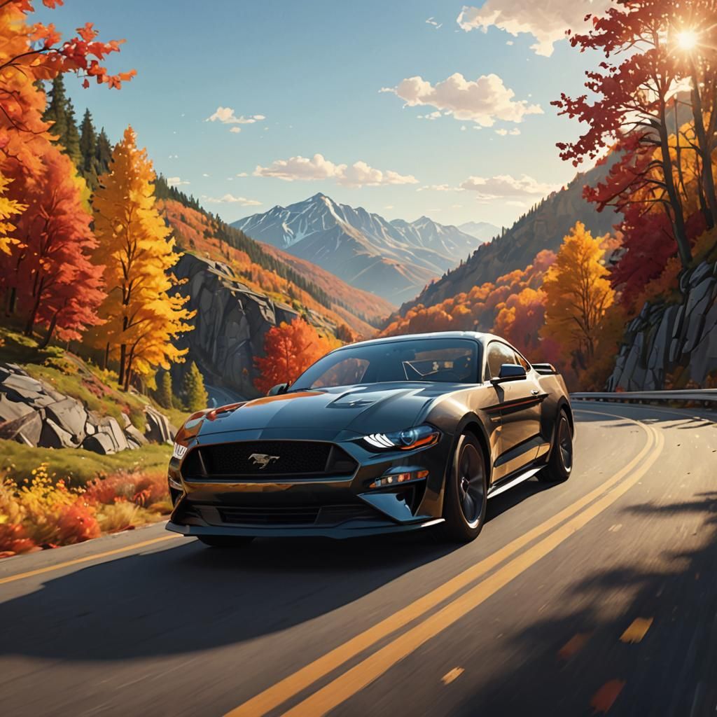Mustang on Mountain Road in Autumn Foliage
