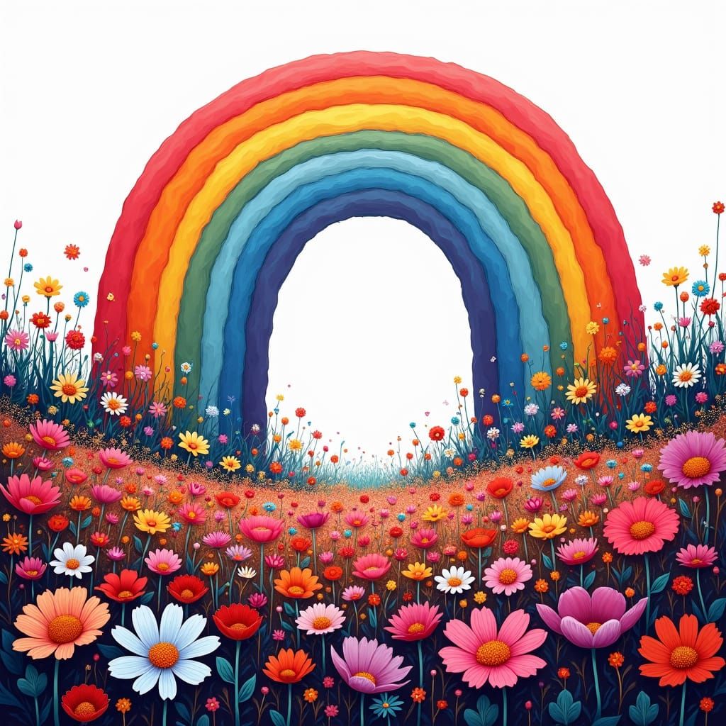 Colouring Page: Rainbow and Flowers Illustration