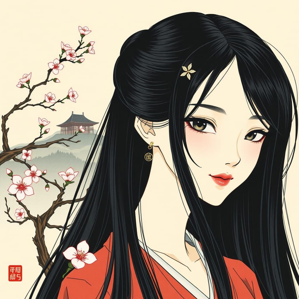 Elegant Woman in Sumi-e Ink Painting Style