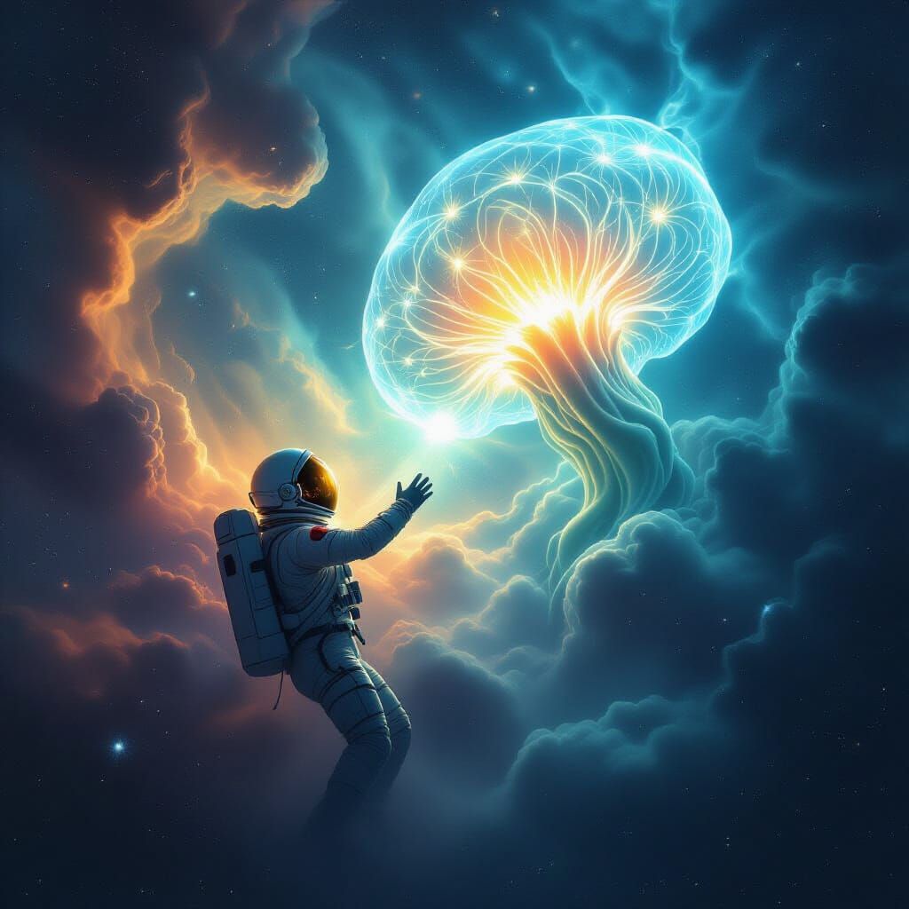 Astronaut Reaches for Bioluminescent Alien Plant in Cosmic N...