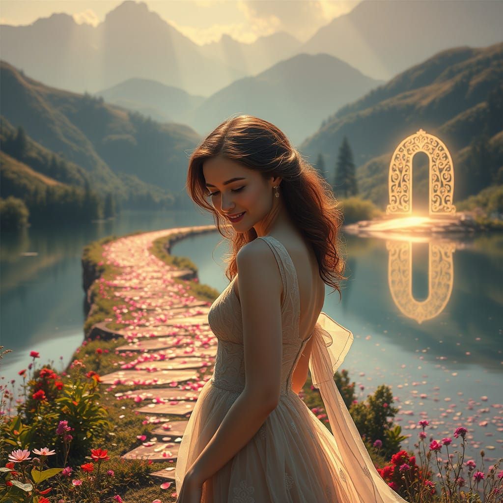 Ethereal Woman Contemplates Life's Path in a Fantastical Lan...