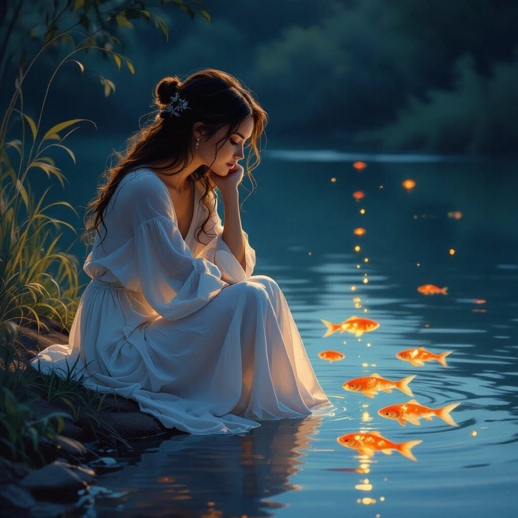Woman Contemplating Fish at Dusk in Ethereal Light