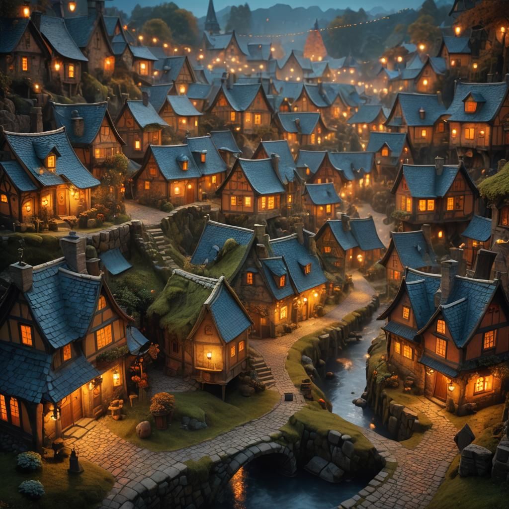 Storybook Village with Cobblestone Streets at Night
