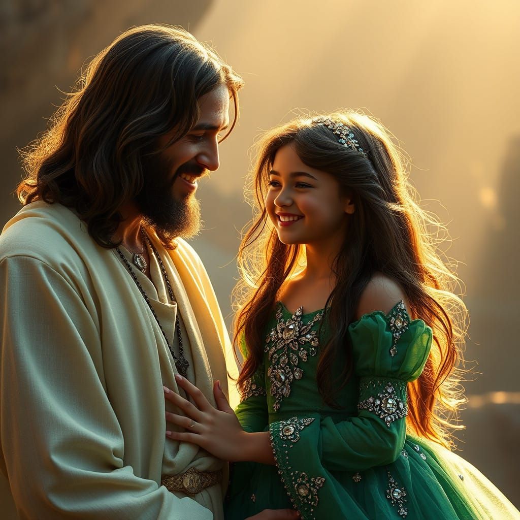 Jesus in Tender Moment with Young Girl in Enchanted Green Pr...