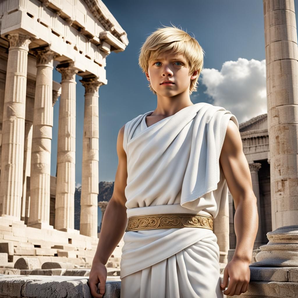 Blond Boy in Toga Before Greek Building