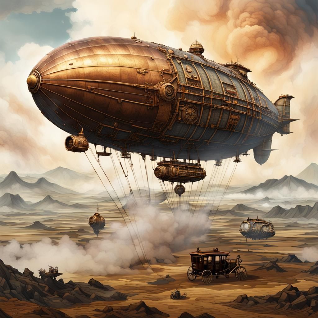 Steampunk Blimp Over Wasteland in Ukiyo-e Style