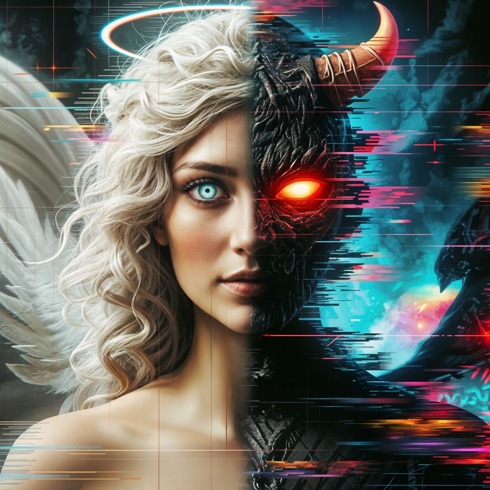Angelic Demon Portrait with Cyber Glitch Effects