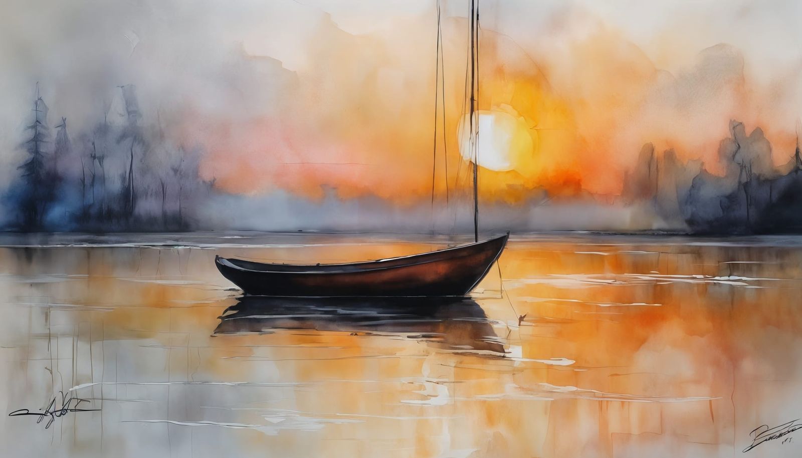 Vibrant Harp on a Boat at Sunrise in Minimalist Post-Impress...