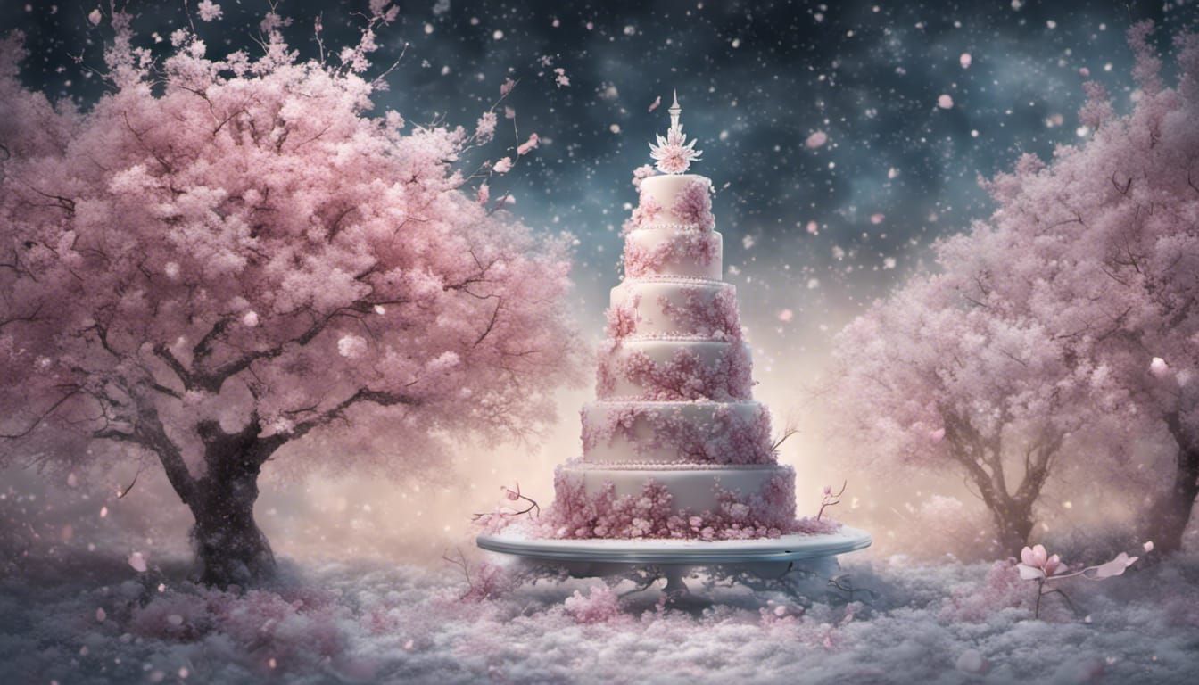 Cherry Blossom Wedding Cake with Snowflakes and Fairy Dust