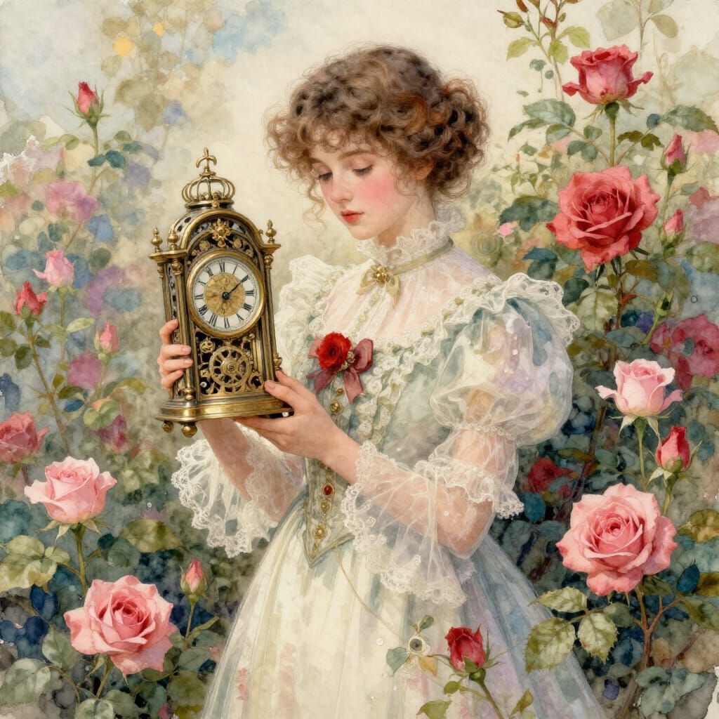 Victorian Girl With Roses and Clockwork in Watercolor