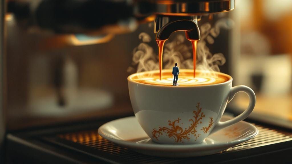 Miniature Man on Espresso Cup, 3D Illustration