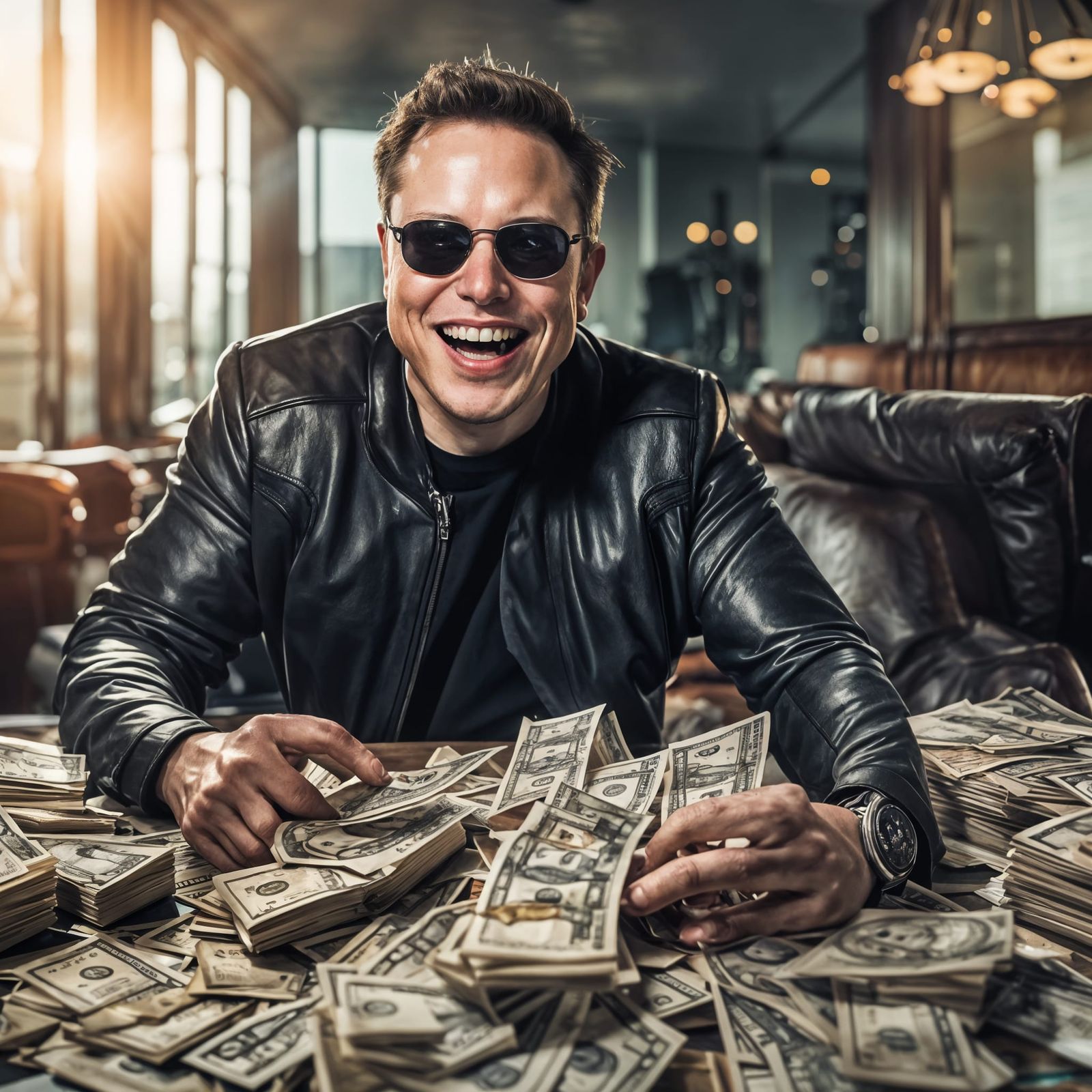 Elon Musk Laughing with Banknotes in Hyperrealistic Style