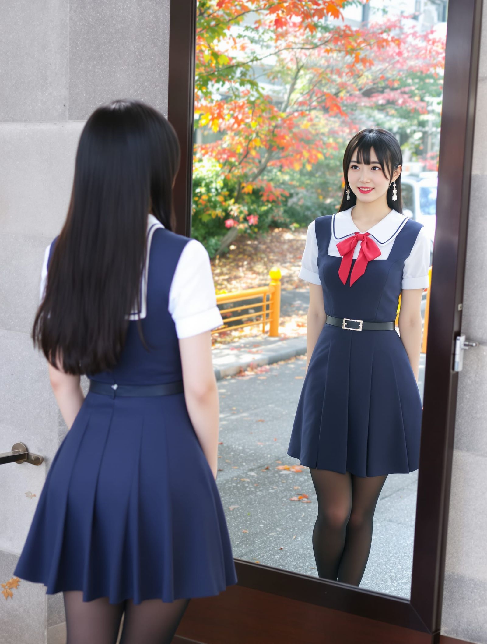 Kaori at Shrine Reflected in Mirror, Autumn Daylight