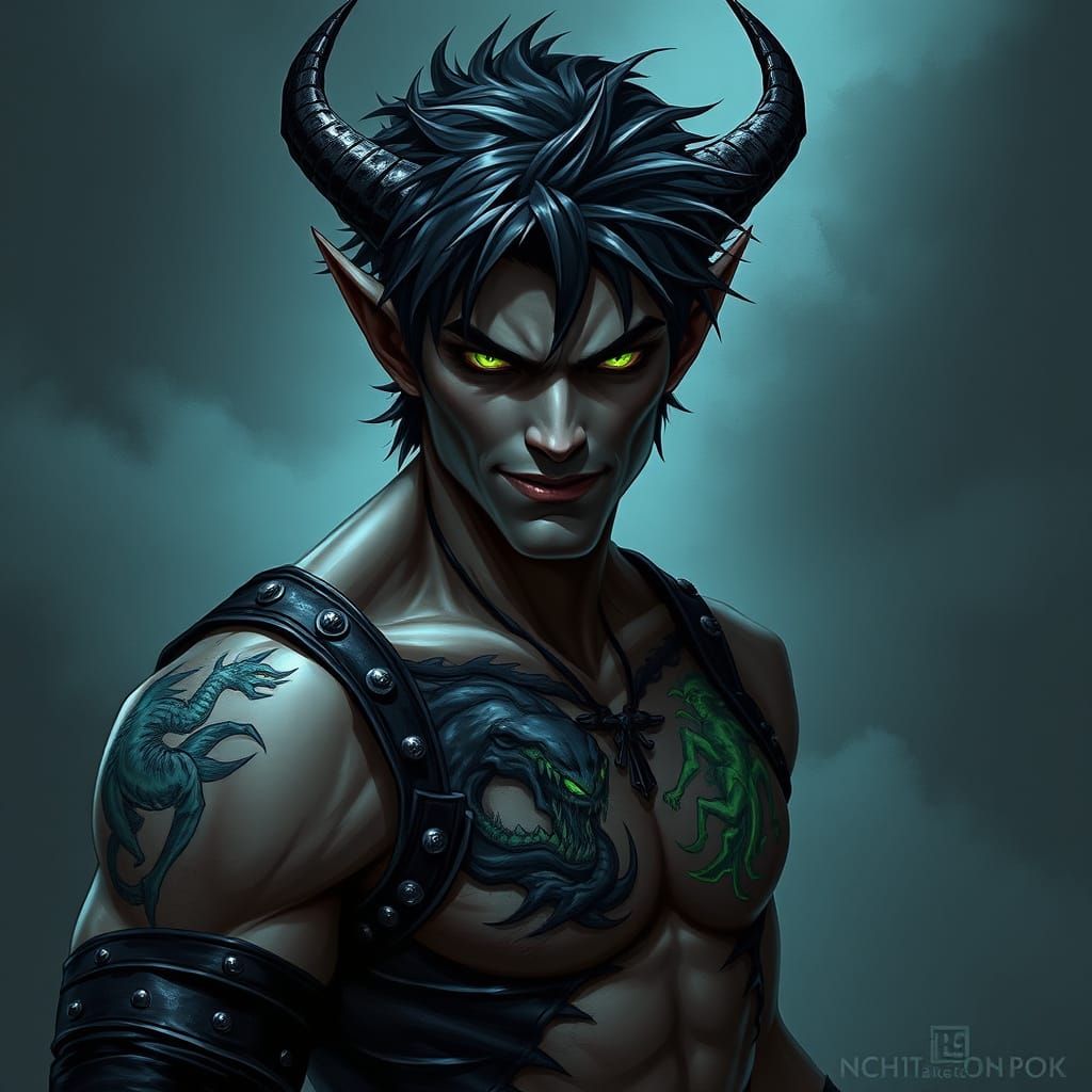 Dark Fae with Chiseled Features and Piercing Eyes, Clad in T...