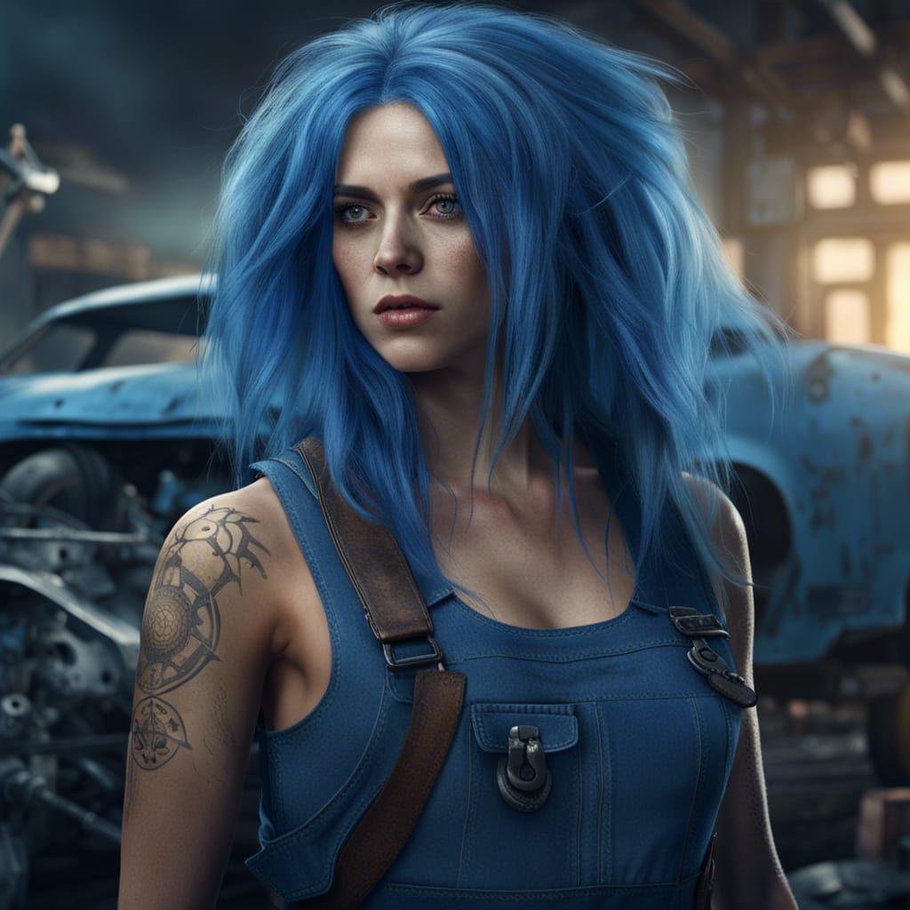 Mad Max Car Mechanic with Blue Hair