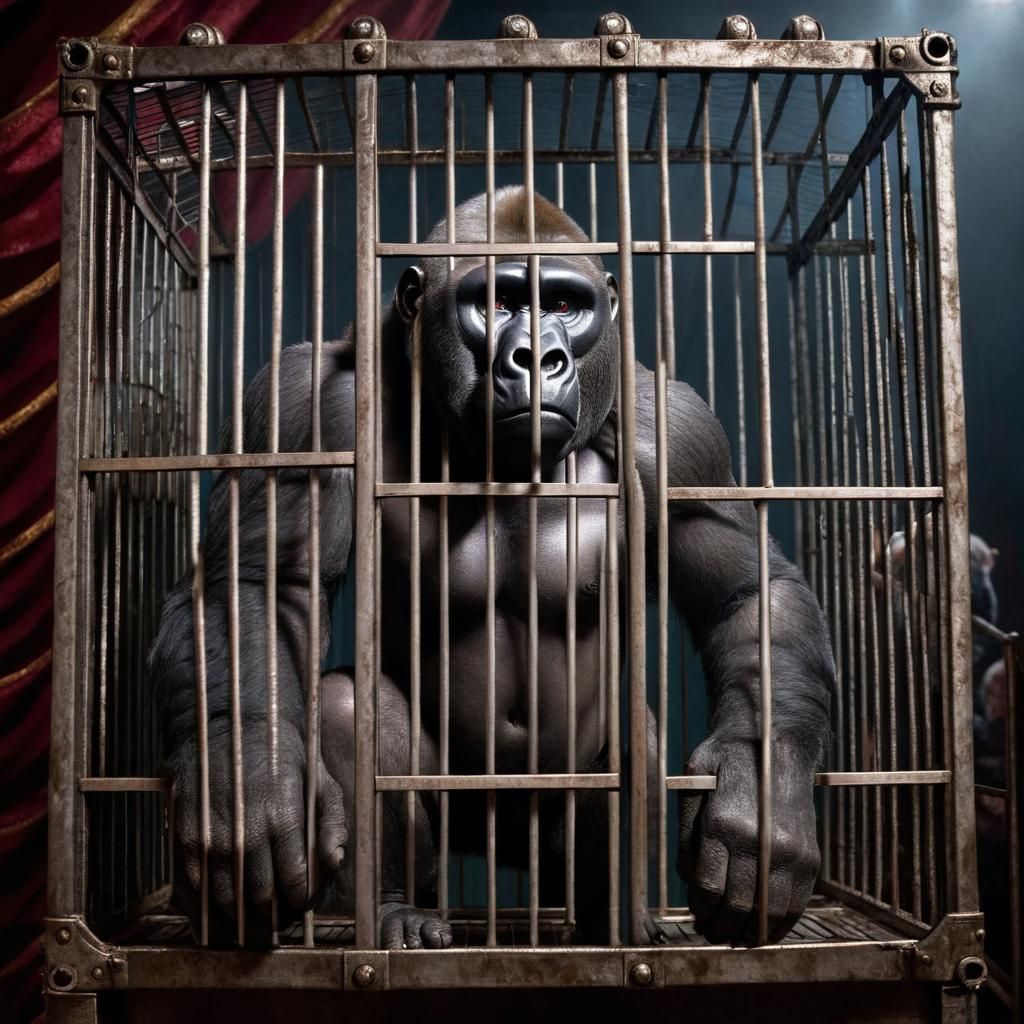 filmic/ 8k resolution concept art; inside cage with silver back gorilla at a circus.
steampunk ,3Delight, Dan Witz/Dan...
