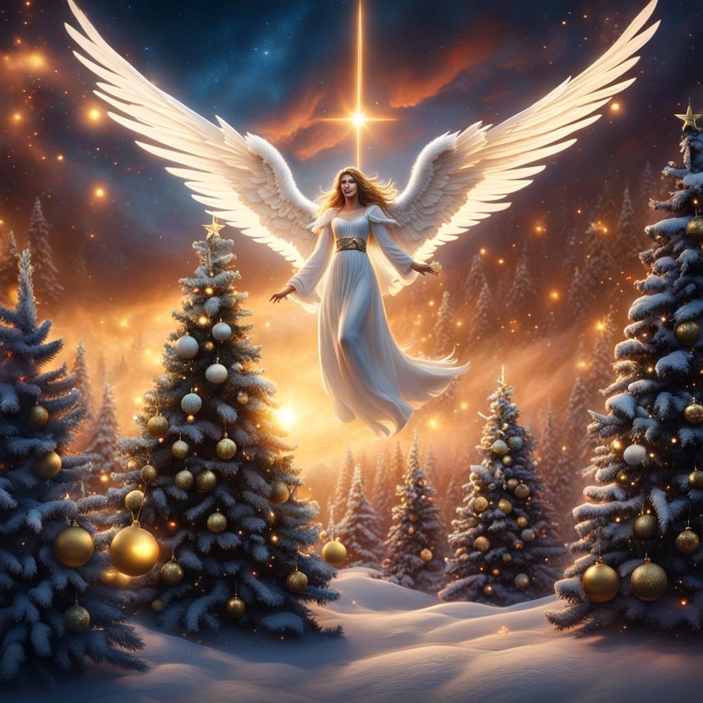 Heavenly Angel Over Christmas Trees: Fantasy Art