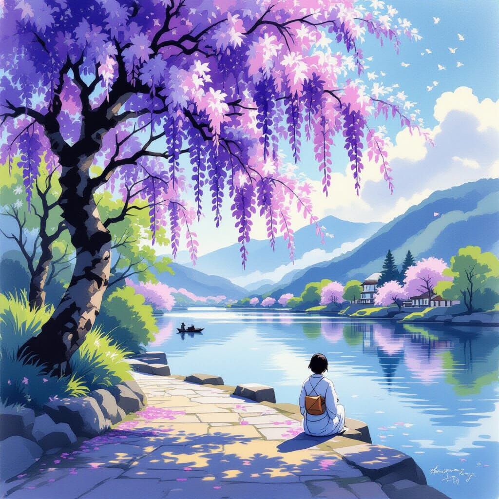 Yamato-e Painting of Wisteria in Summer Silence