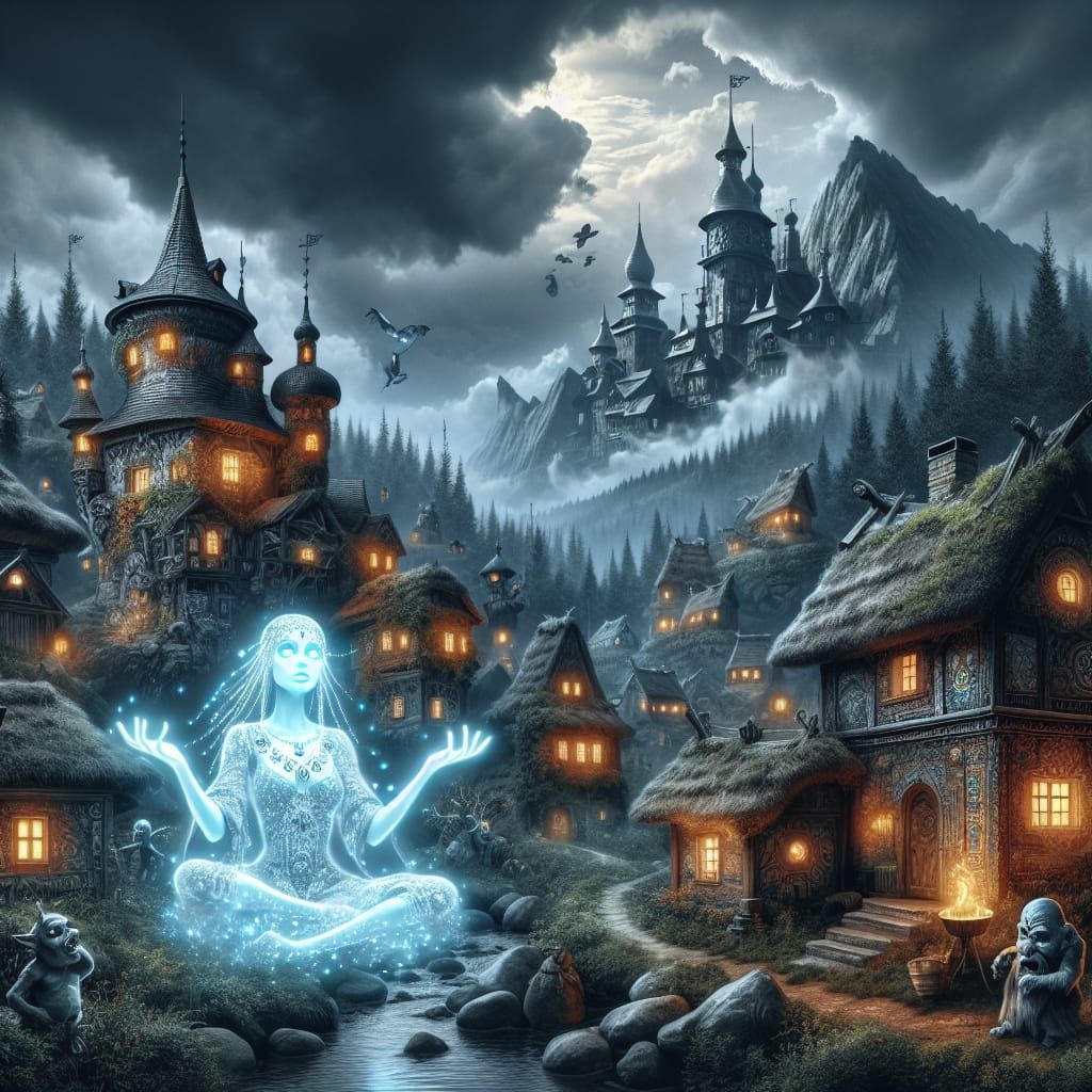 Mystical Woman Floats Before Spooky Village