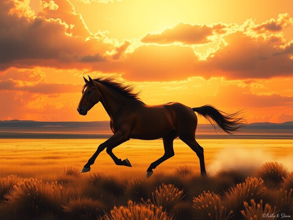Wild Mustang Galloping Across Prairie in Golden Hour Light