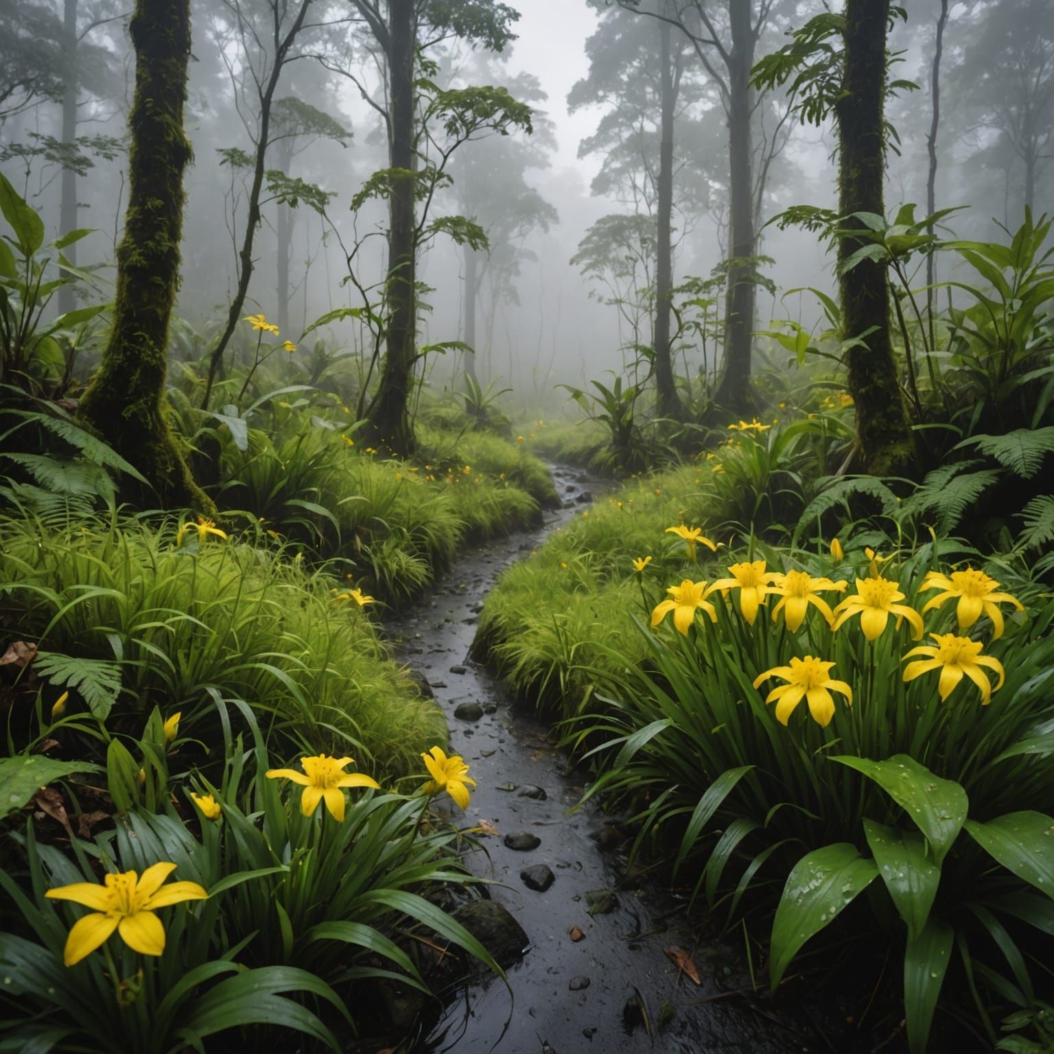 Misty Rainforest Landscape with Yellow Flowers