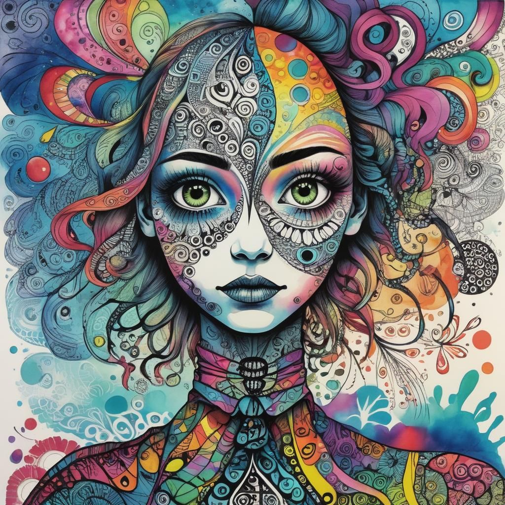 Pop Surrealist Zentangle Art with Tie Dye Effect