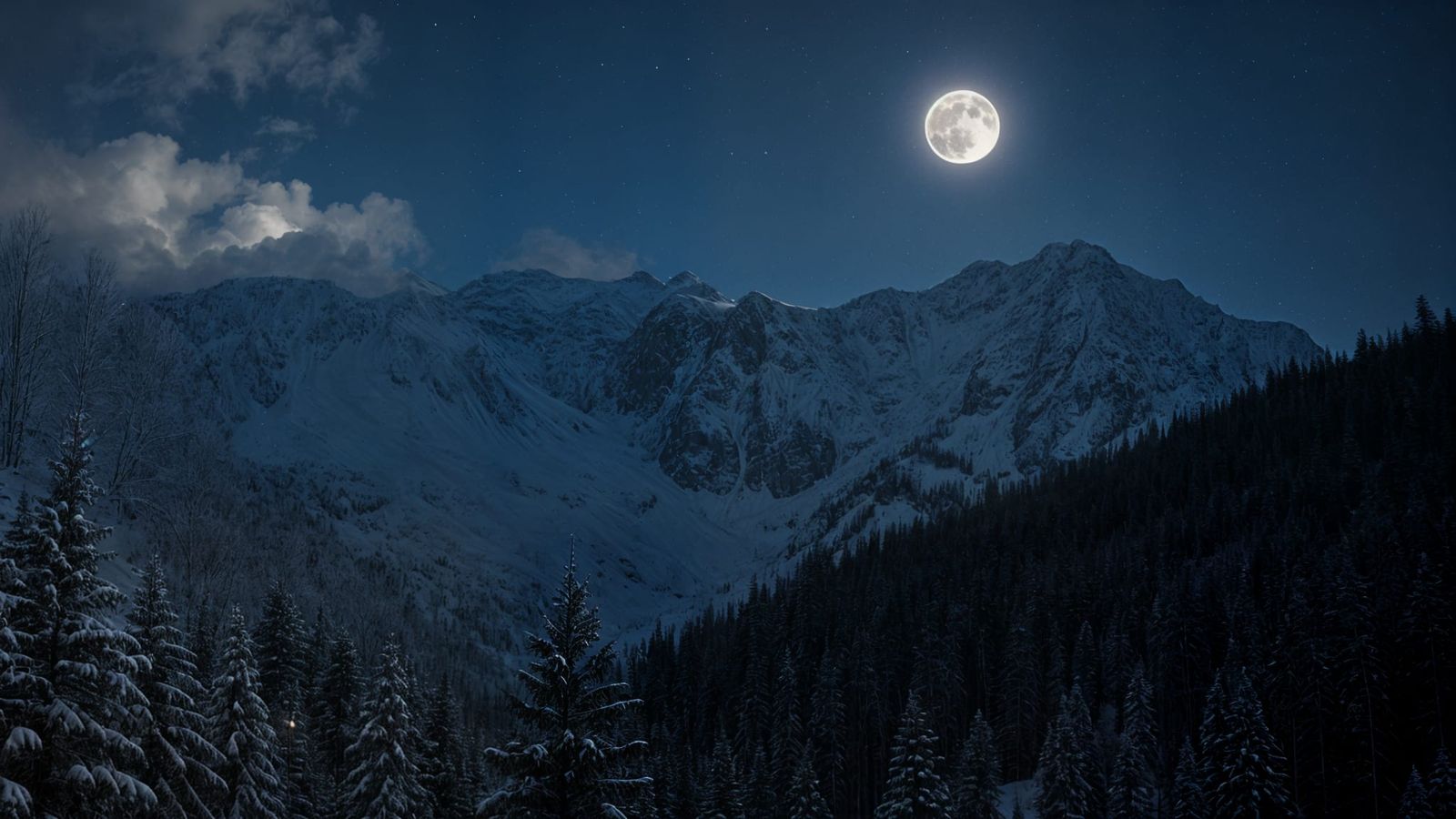 Snowy Mountain Forest at Night with Full Moon