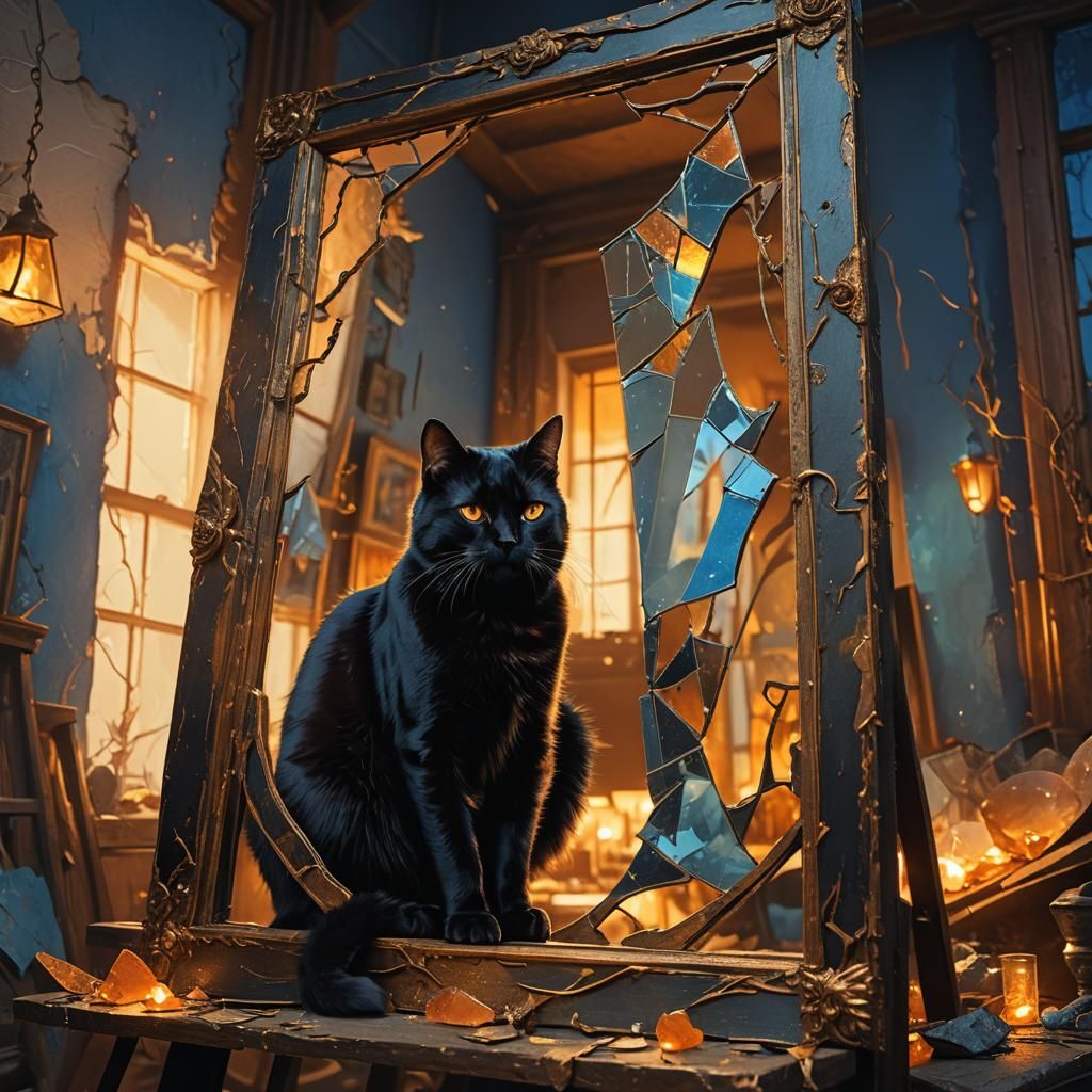 Mystical Black Cat and Broken Mirror Art