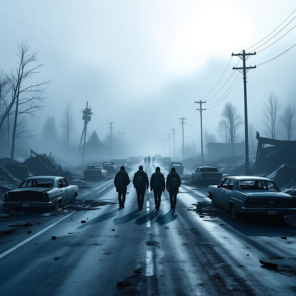 Survivors on Foggy Highway in Post-Apocalyptic Style