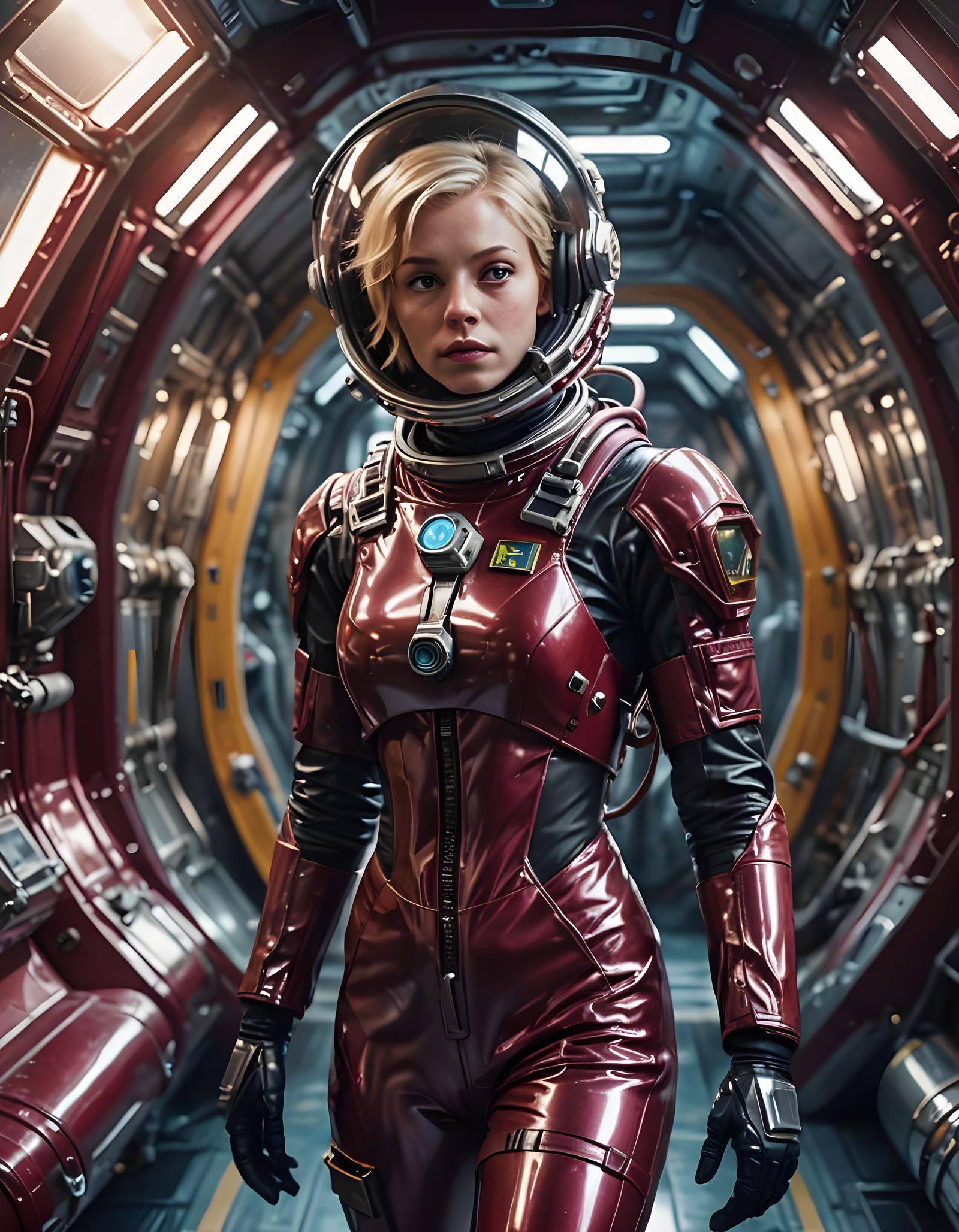 Blonde Astronaut in Burgundy Spacesuit Walking on Spaceship