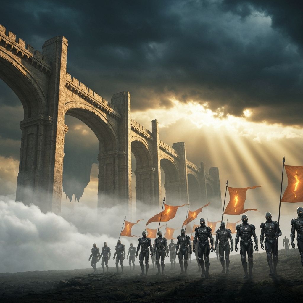 Futuristic Stone Bridge Above Clouds in Cyberpunk Style