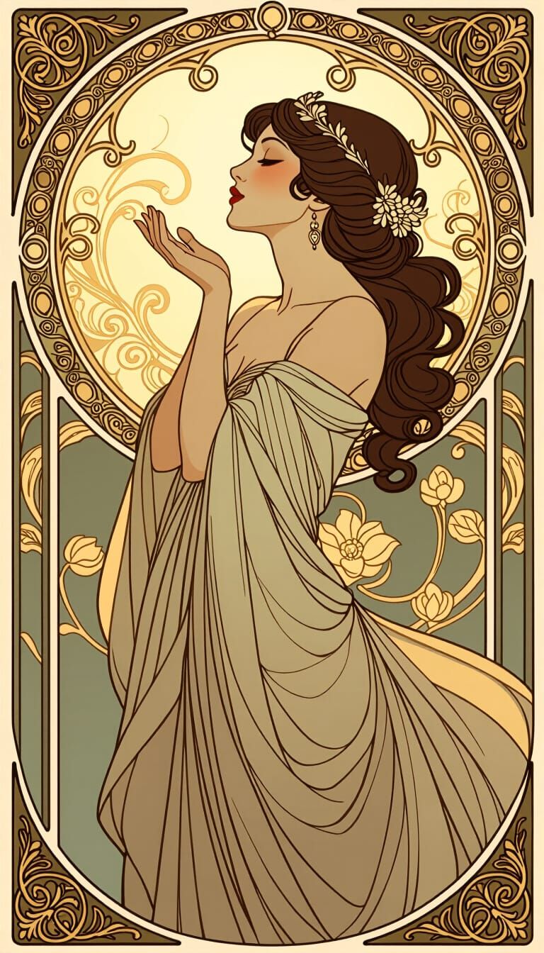 Elegant Lady Blowing Kiss in Art Nouveau Style