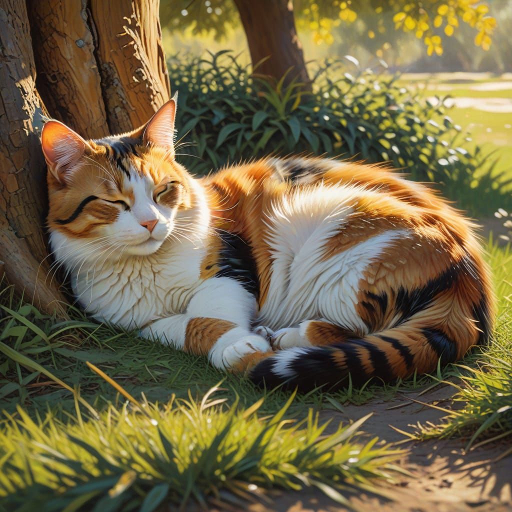 Calico Cat Nap in Impressionist Style