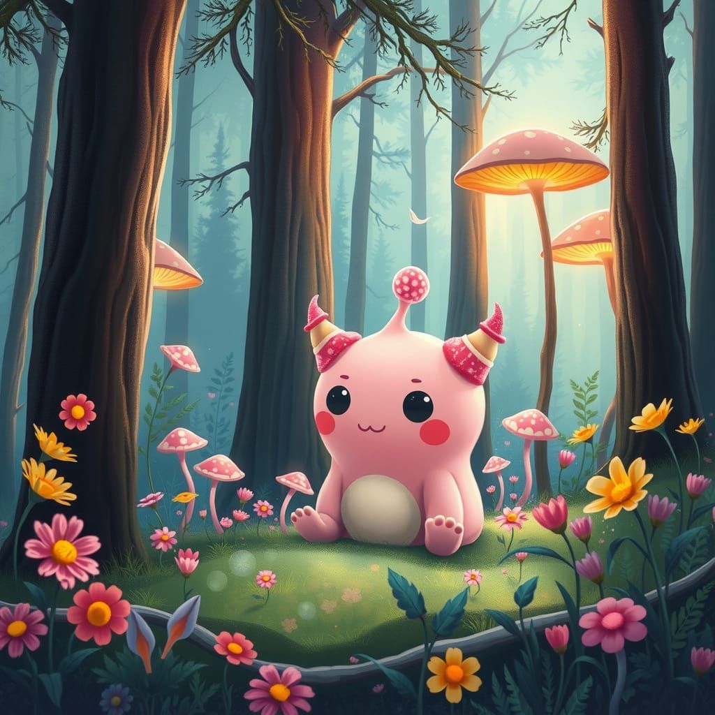 Whimsical Pink Creature Amidst Vibrant Forest