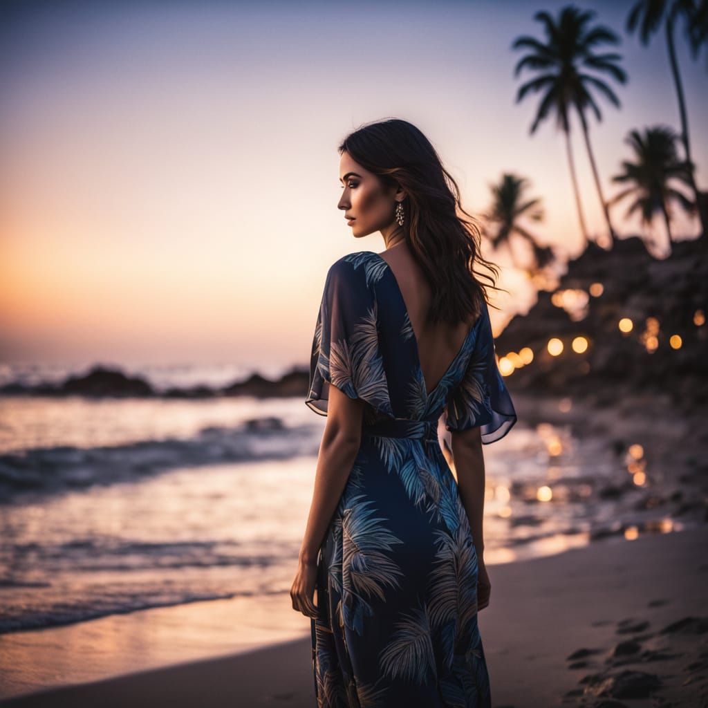 Dreamy Coastal Scene with Woman in Batik Dress