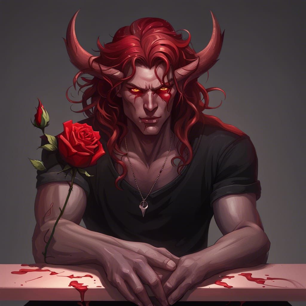 Detailed Portrait of Demon Holding Rose in Art Nouveau Style