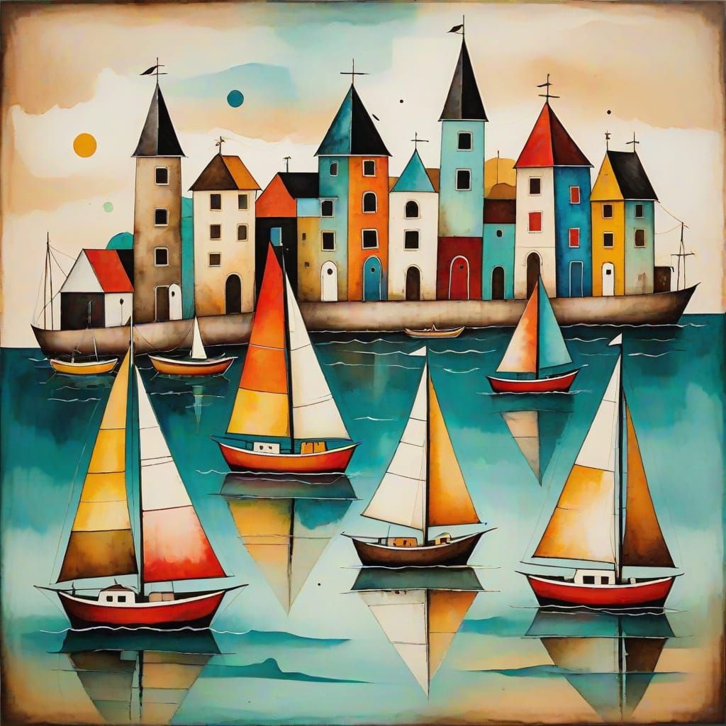 Colorful Sailboats and Seaside Cabins in Surrealist Style