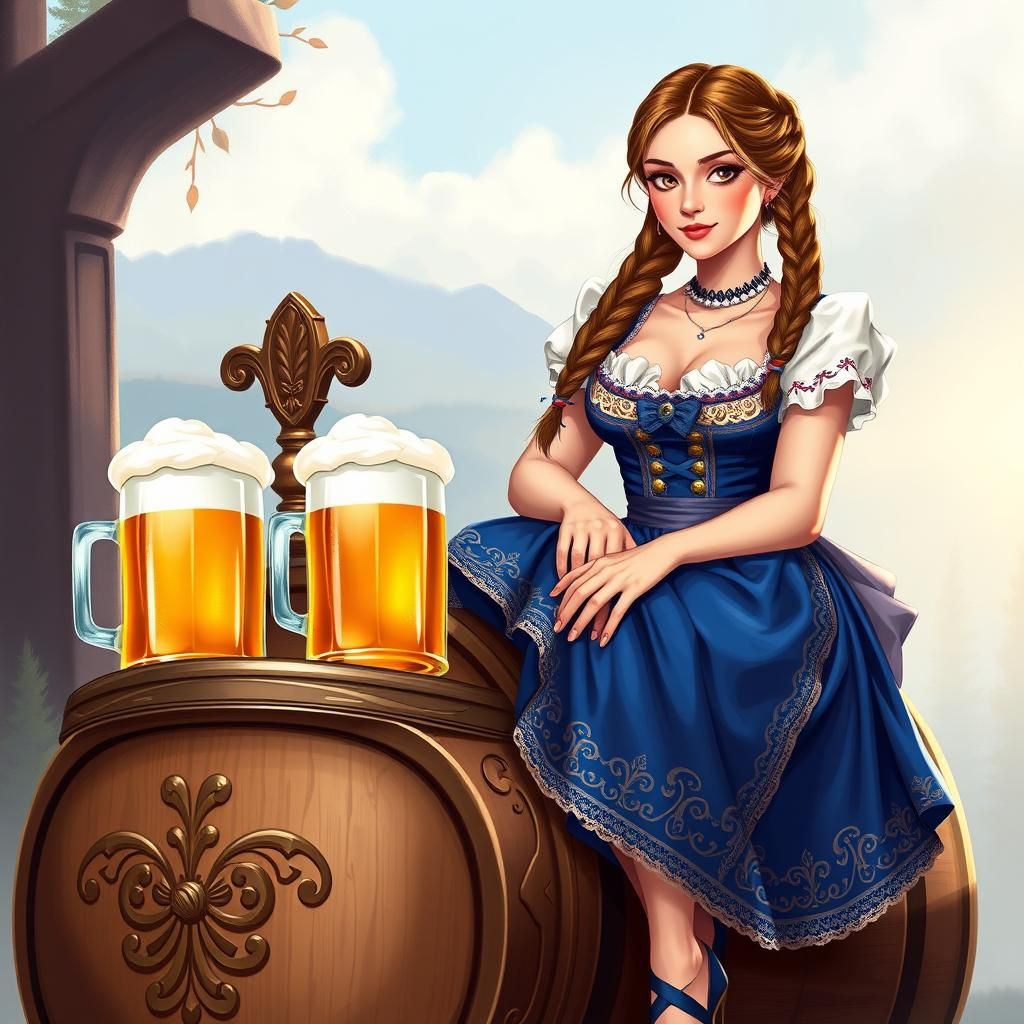 Bavarian Woman with Beer Keg in Folklore Style