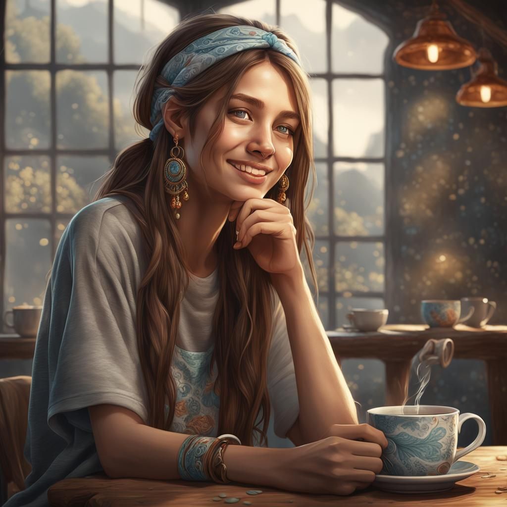 Dreamy Portrait of Woman Drinking Tea