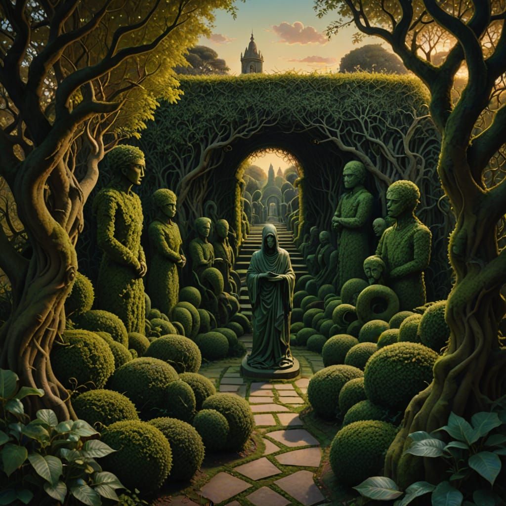 Eerie Hedge Maze: A Surrealist Oil Painting