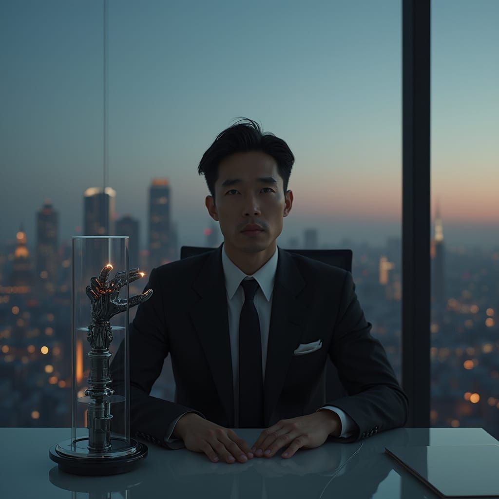 Asian American Businessman with Cybernetic Hand in Futuristi...