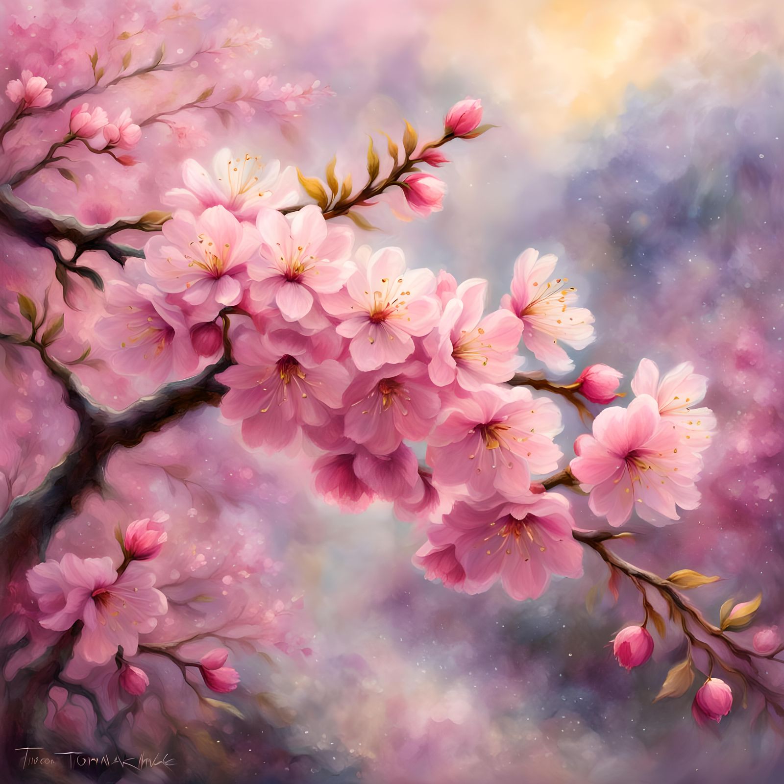 Vibrant Cherry Blossom in Dark Fantasy Landscape