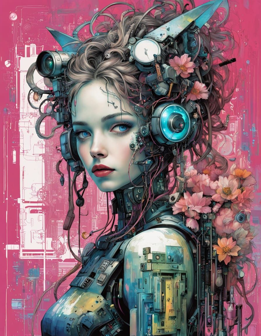 Cute Cyborg Woman with Circuit Face and Neon Noir Background