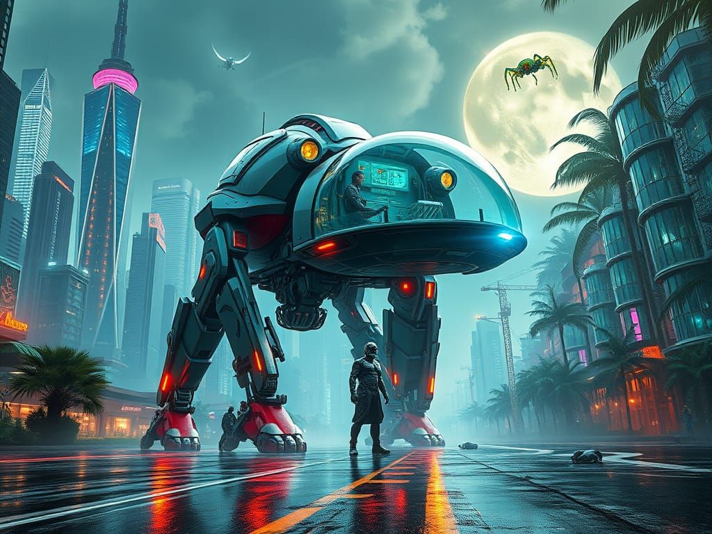 Biopunk Carrier Robot in Futuristic Metropolis