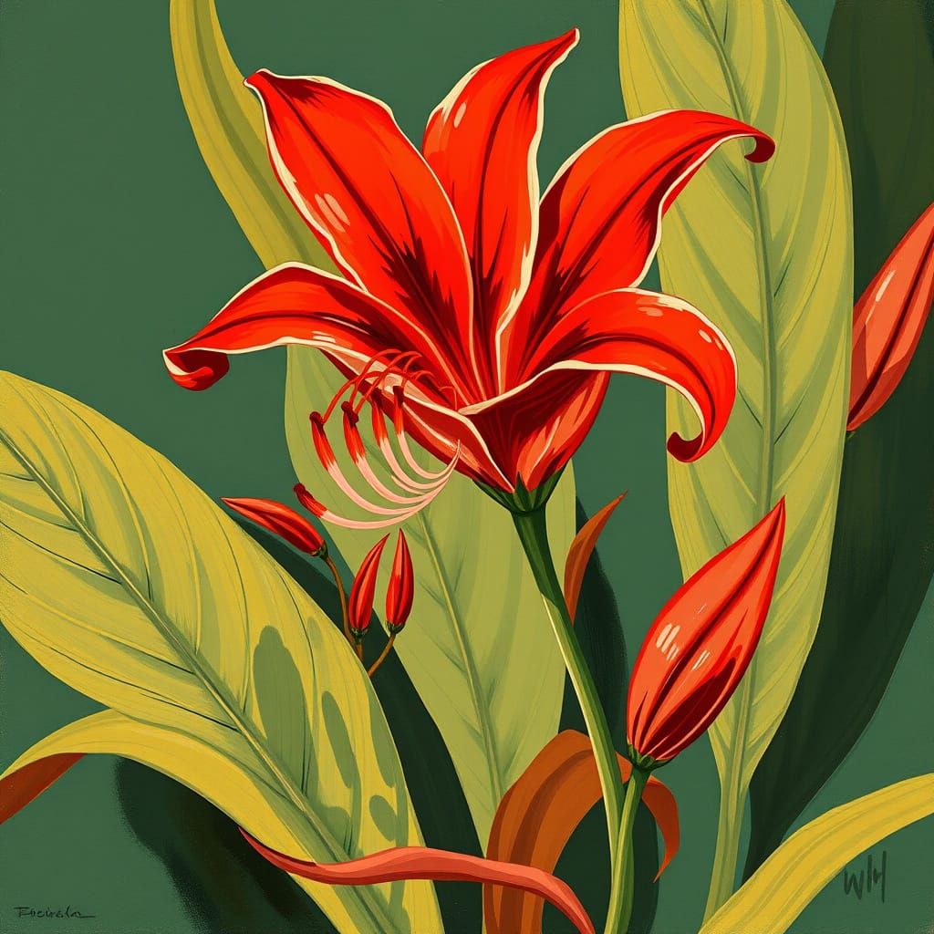 Vibrant Red Lily with Delicate Leaves and Petals
