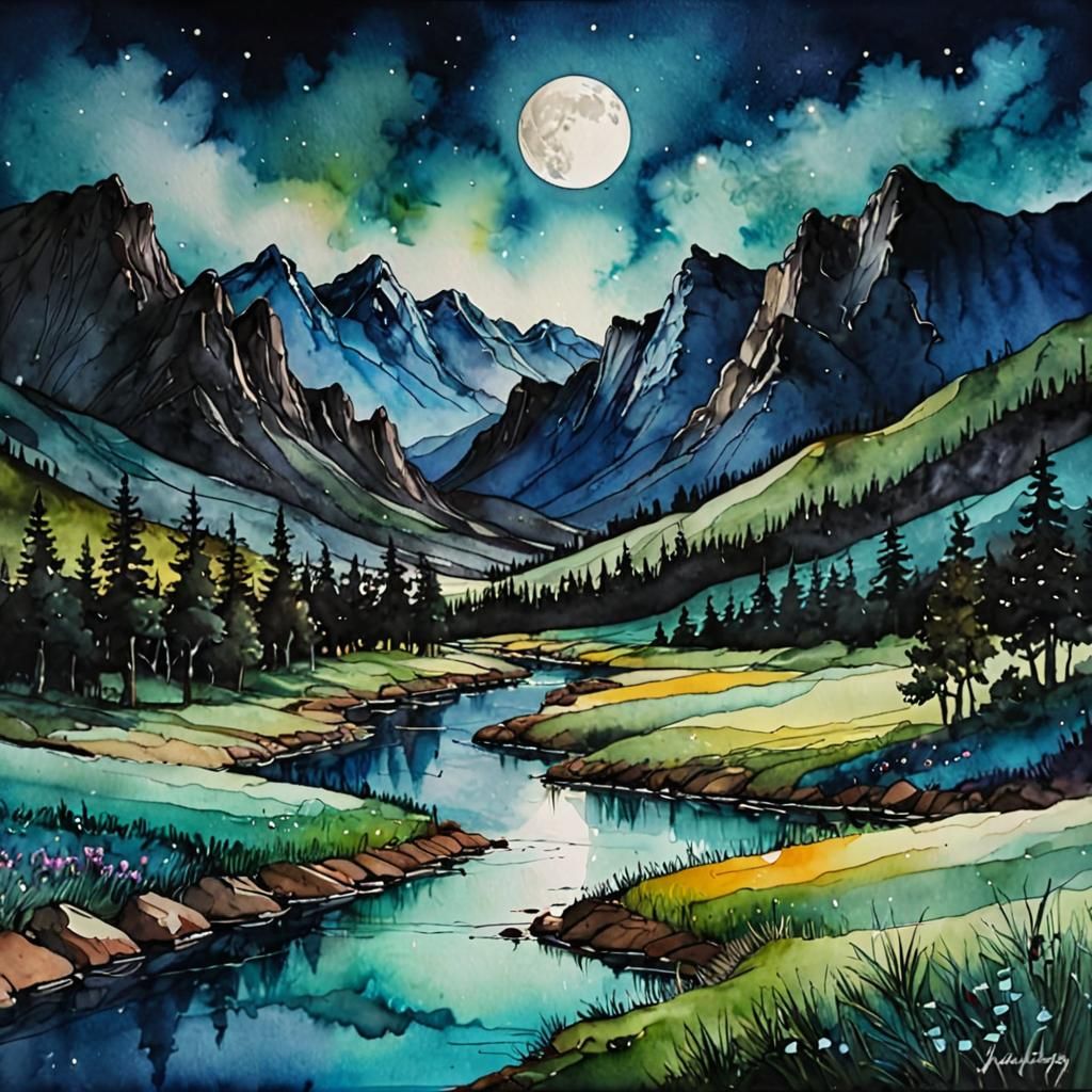 Moonlit Valley in Alcohol Ink Style