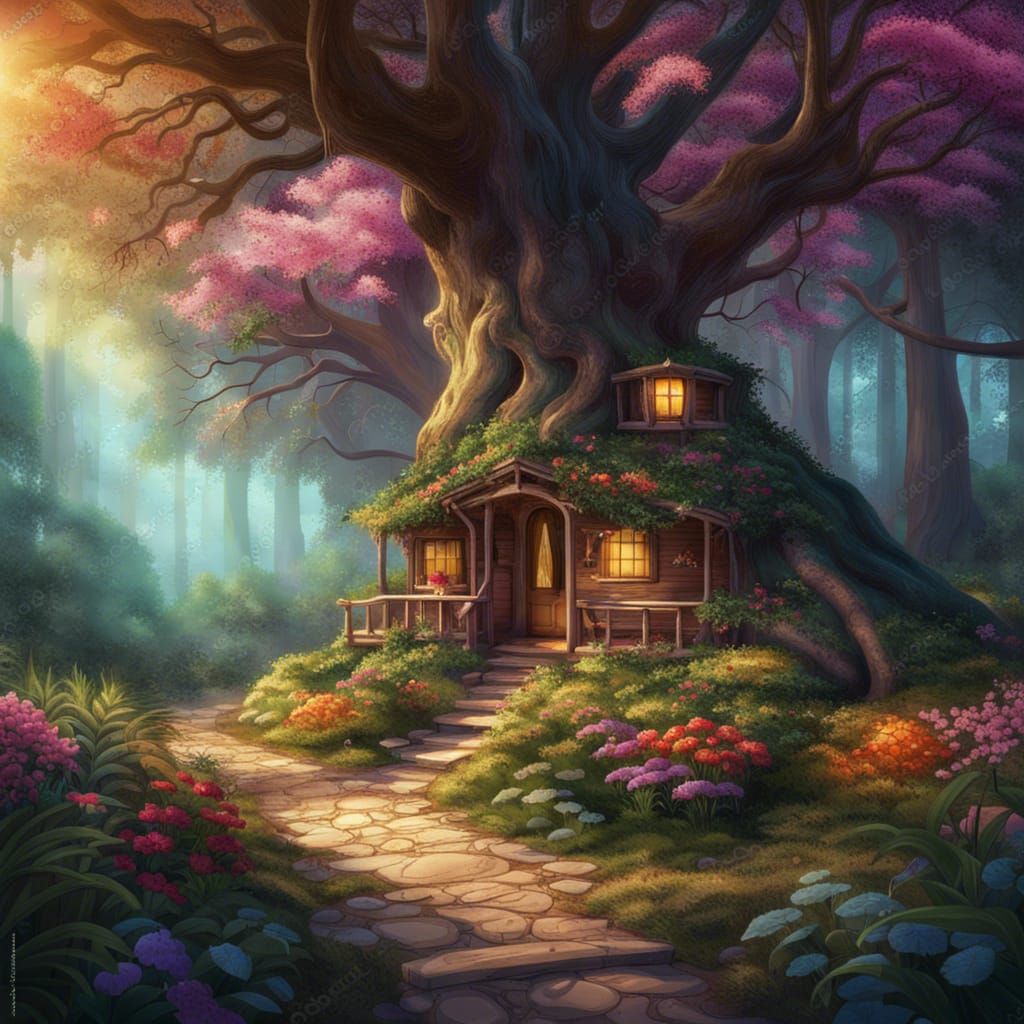 Enchanted Forest Cabin: A Tranquil Fantasy Illustration