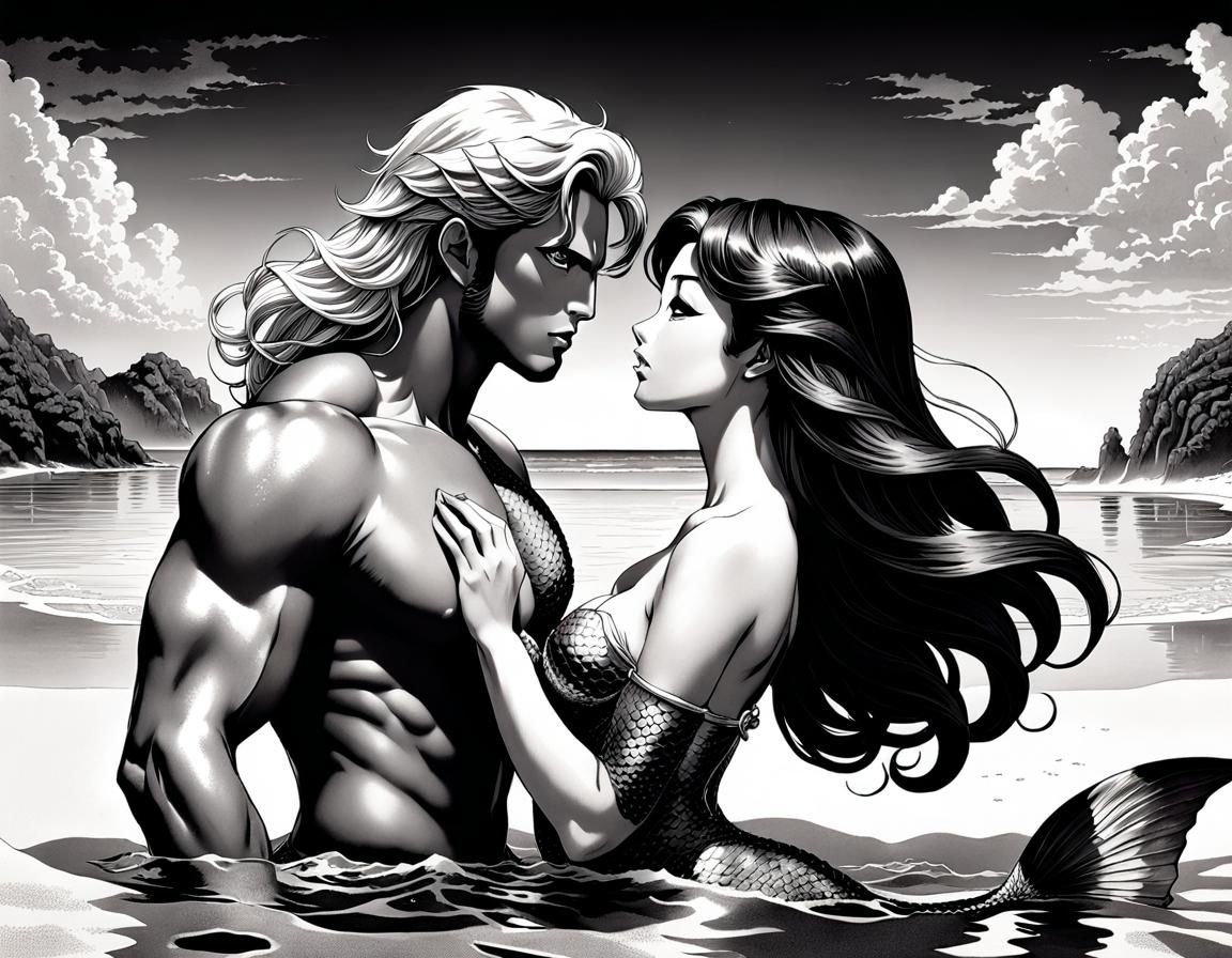 Centaur and Mermaid Kiss: Manga-Style Ink Drawing