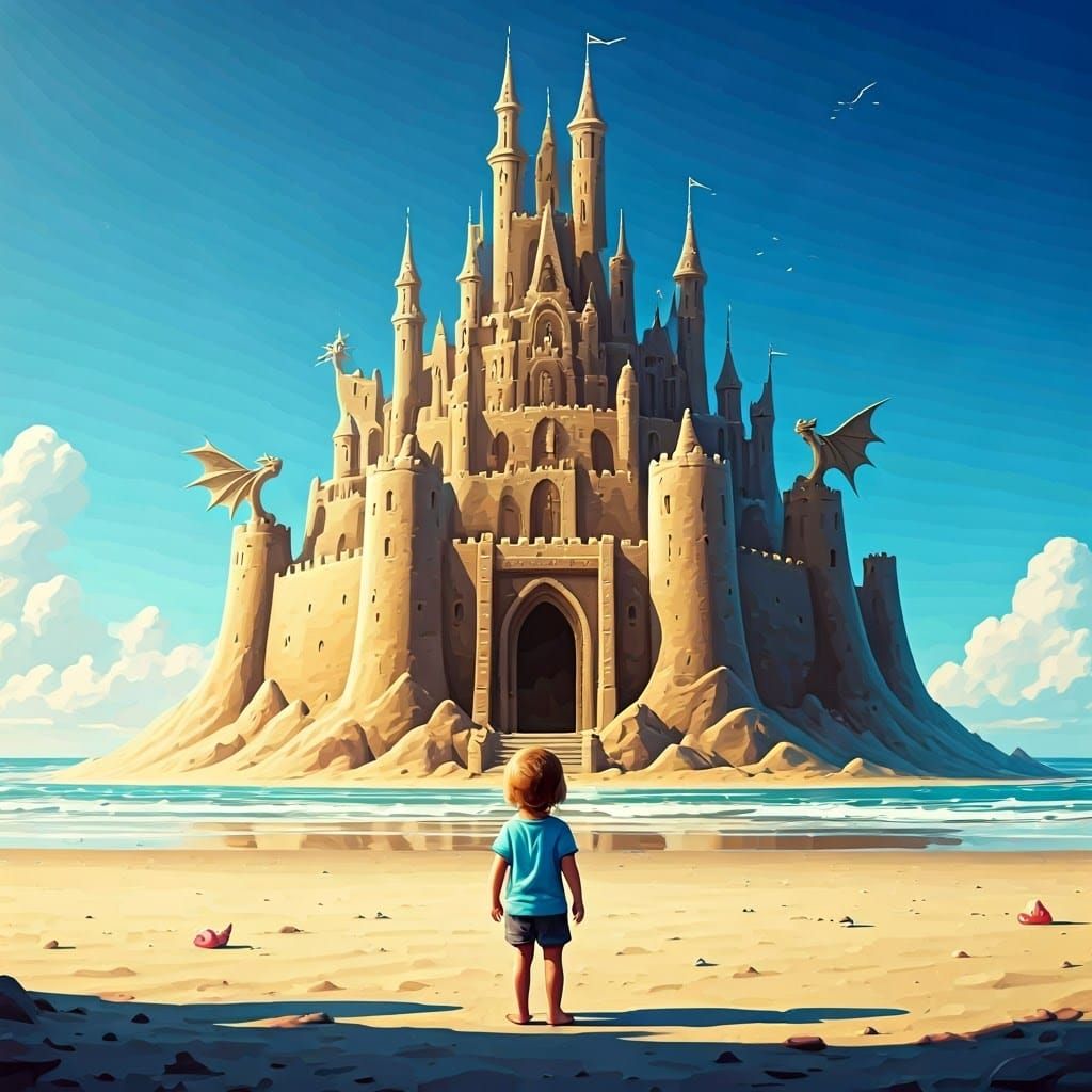 Whimsical Beachside Castle from a Child's Wonder-Filled Gaze